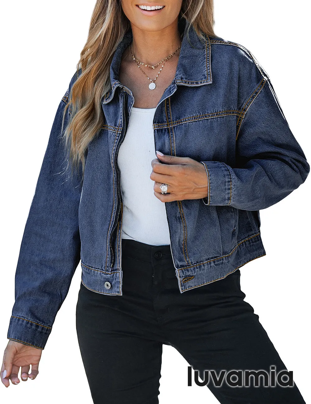 luvamia Oversized Jean Jacket Women Cropped Zip Up Denim Jackets Lightweight Trucker Shacket with Pockets Western Trendy