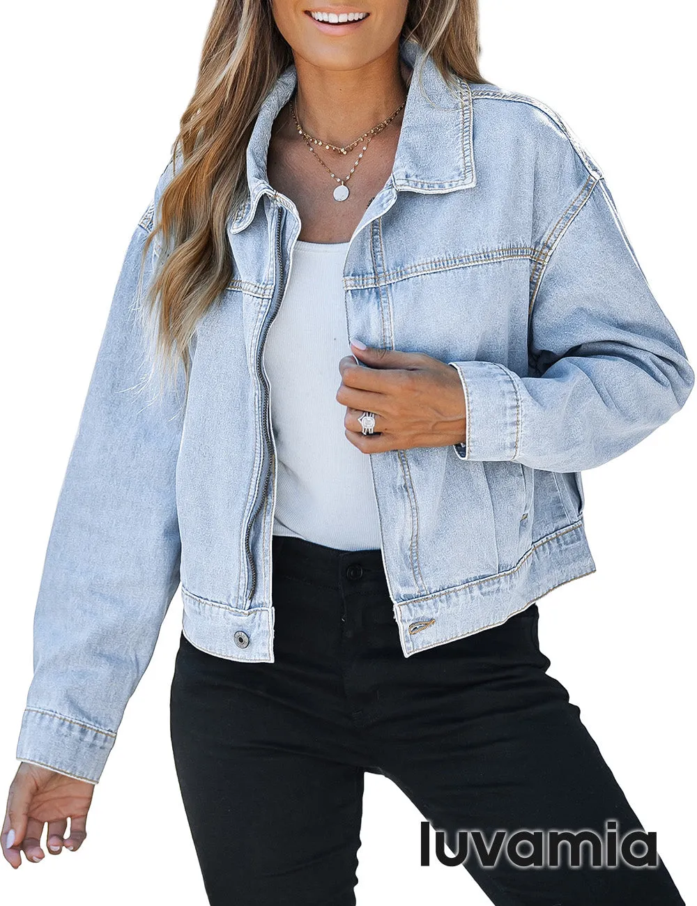 luvamia Oversized Jean Jacket Women Cropped Zip Up Denim Jackets Lightweight Trucker Shacket with Pockets Western Trendy