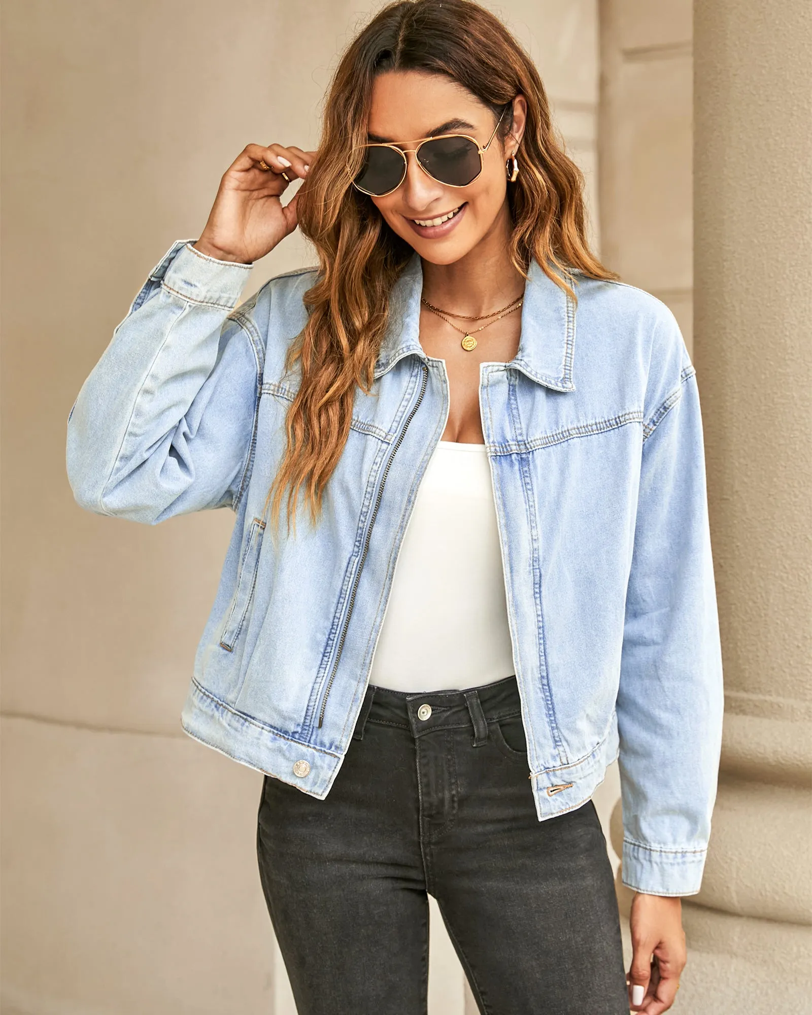 luvamia Oversized Jean Jacket Women Cropped Zip Up Denim Jackets Lightweight Trucker Shacket with Pockets Western Trendy