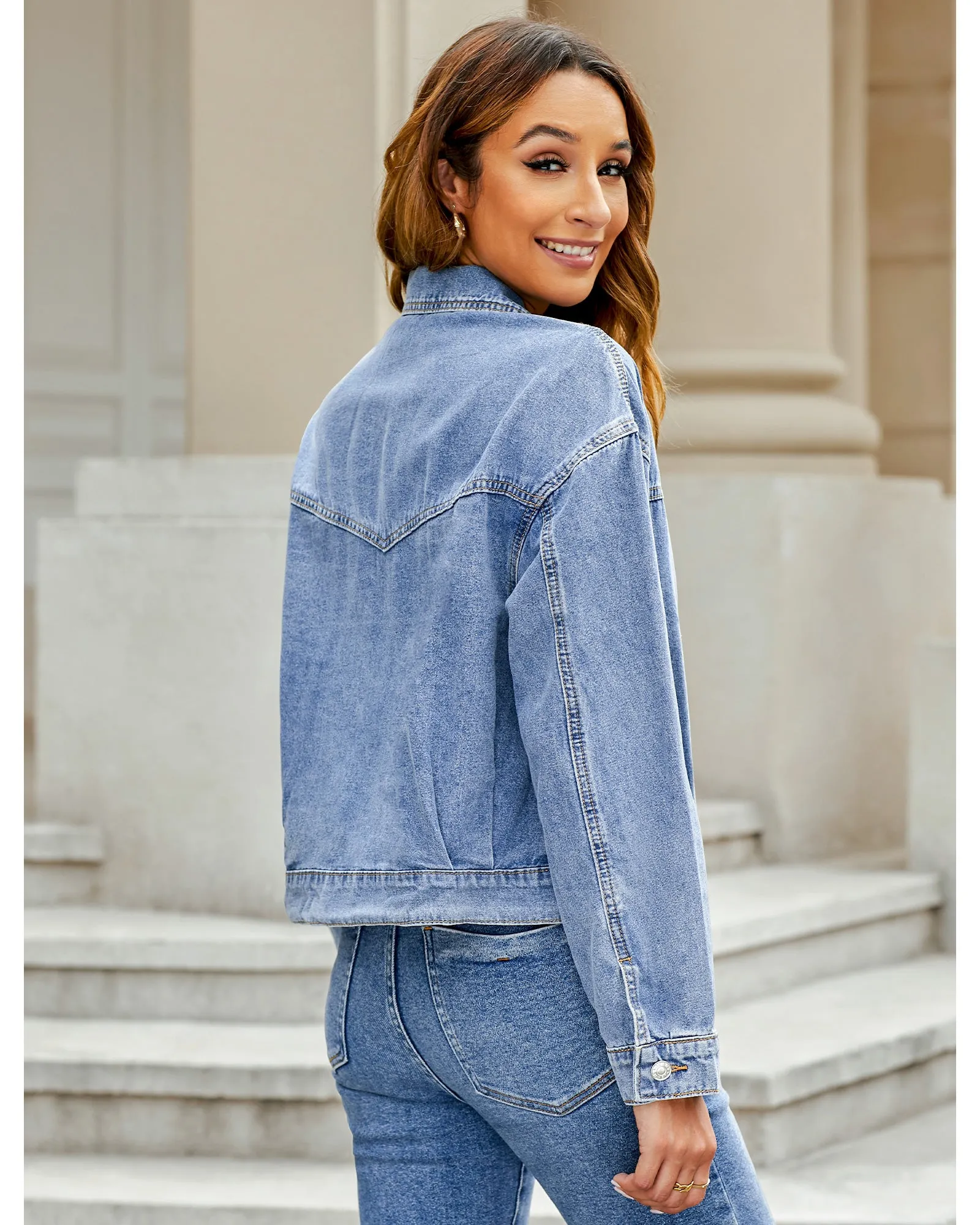 luvamia Oversized Jean Jacket Women Cropped Zip Up Denim Jackets Lightweight Trucker Shacket with Pockets Western Trendy