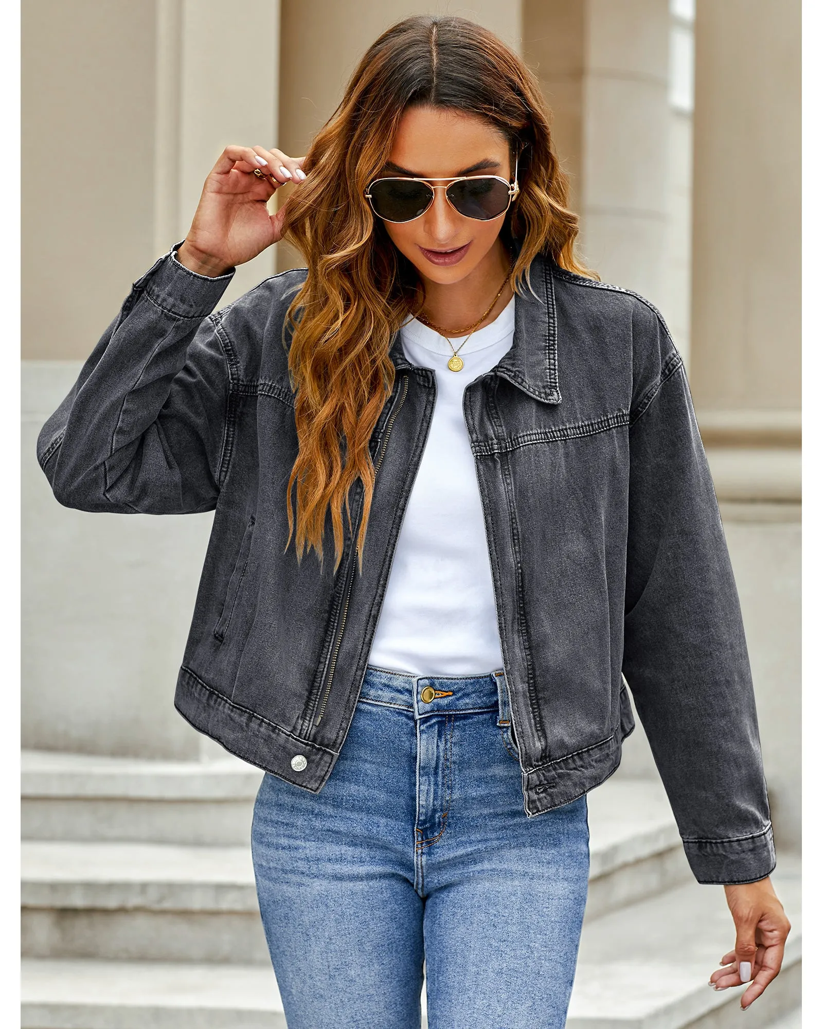 luvamia Oversized Jean Jacket Women Cropped Zip Up Denim Jackets Lightweight Trucker Shacket with Pockets Western Trendy