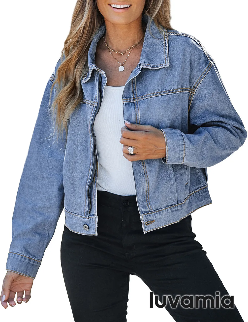 luvamia Oversized Jean Jacket Women Cropped Zip Up Denim Jackets Lightweight Trucker Shacket with Pockets Western Trendy