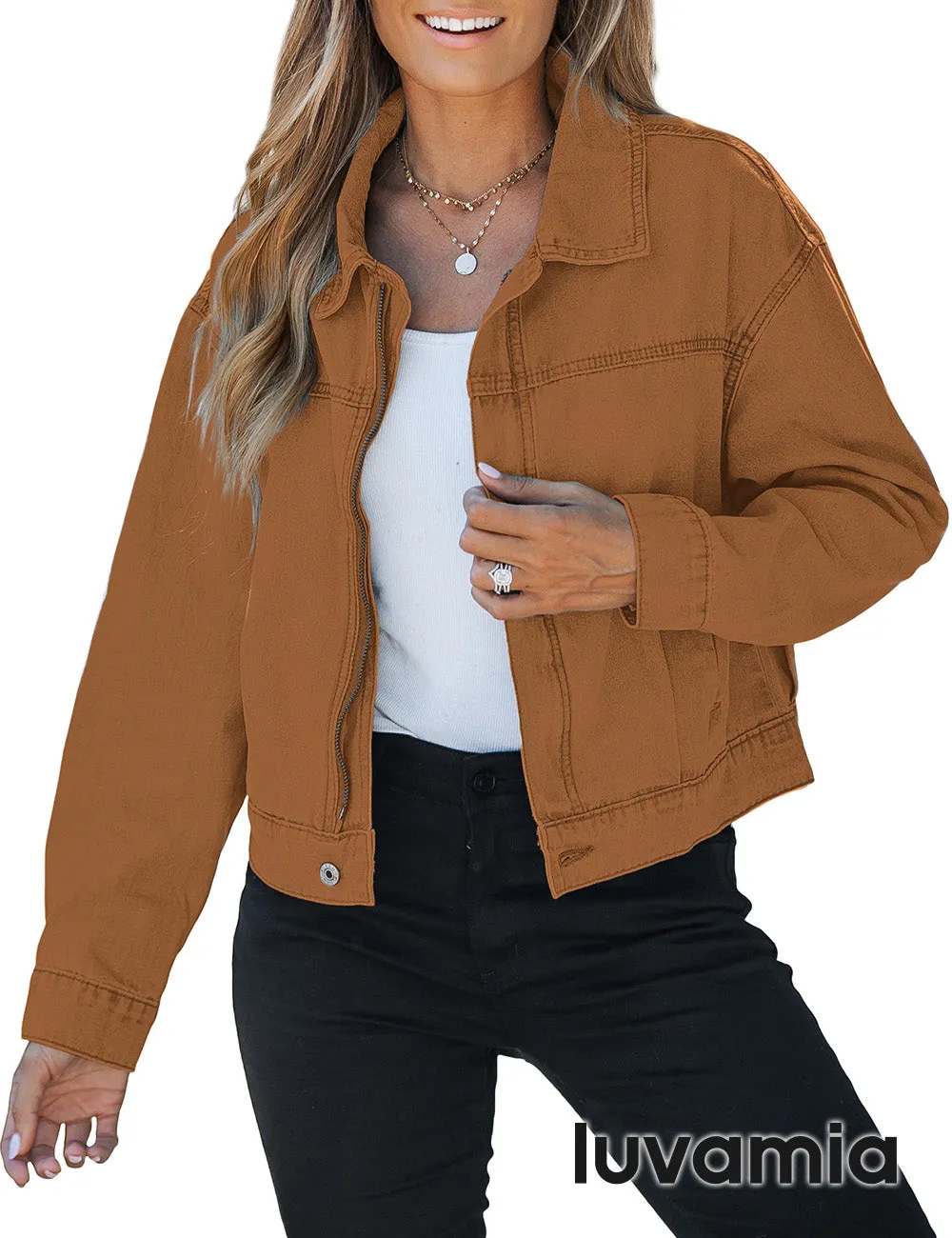 luvamia Oversized Jean Jacket Women Cropped Zip Up Denim Jackets Lightweight Trucker Shacket with Pockets Western Trendy