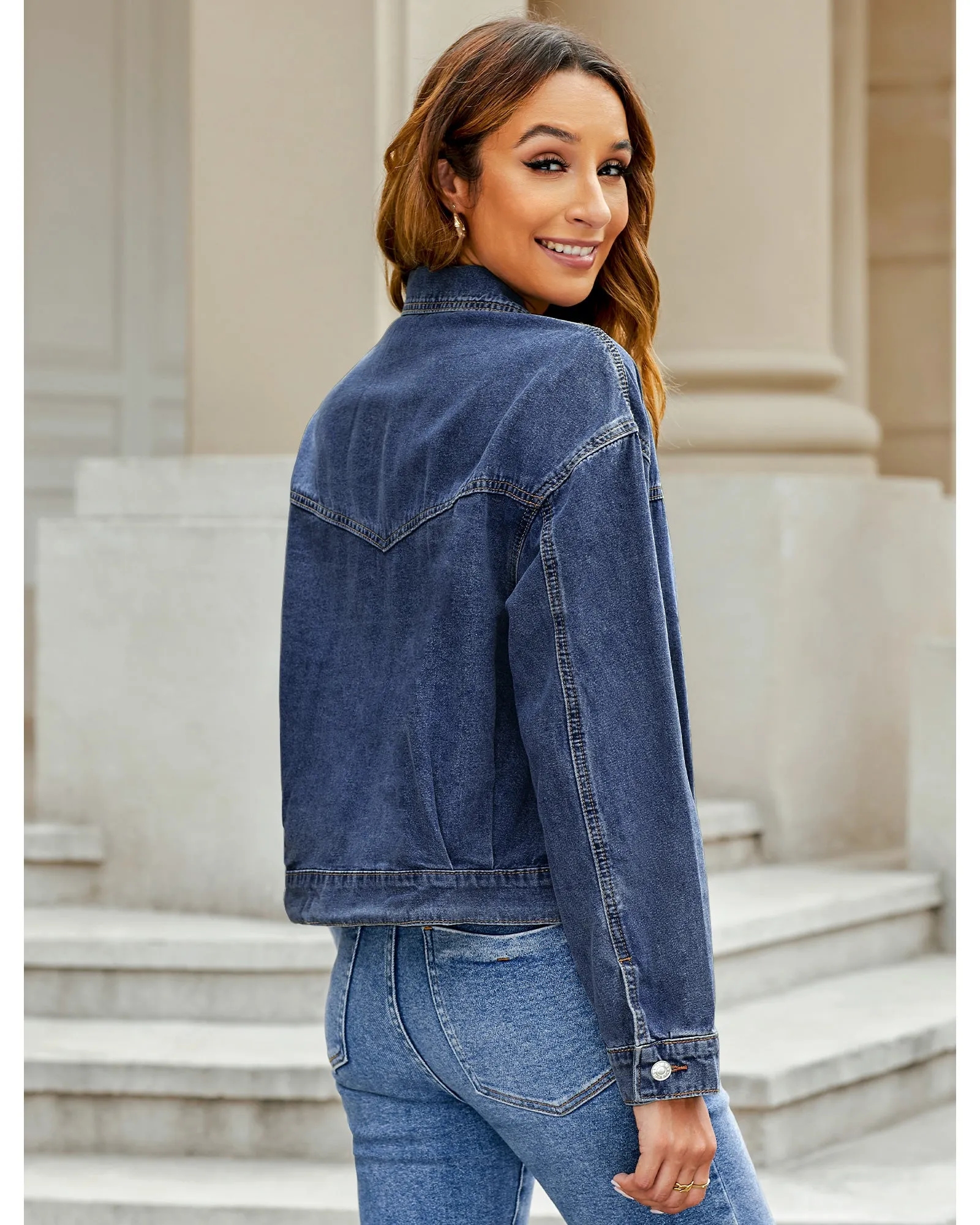 luvamia Oversized Jean Jacket Women Cropped Zip Up Denim Jackets Lightweight Trucker Shacket with Pockets Western Trendy