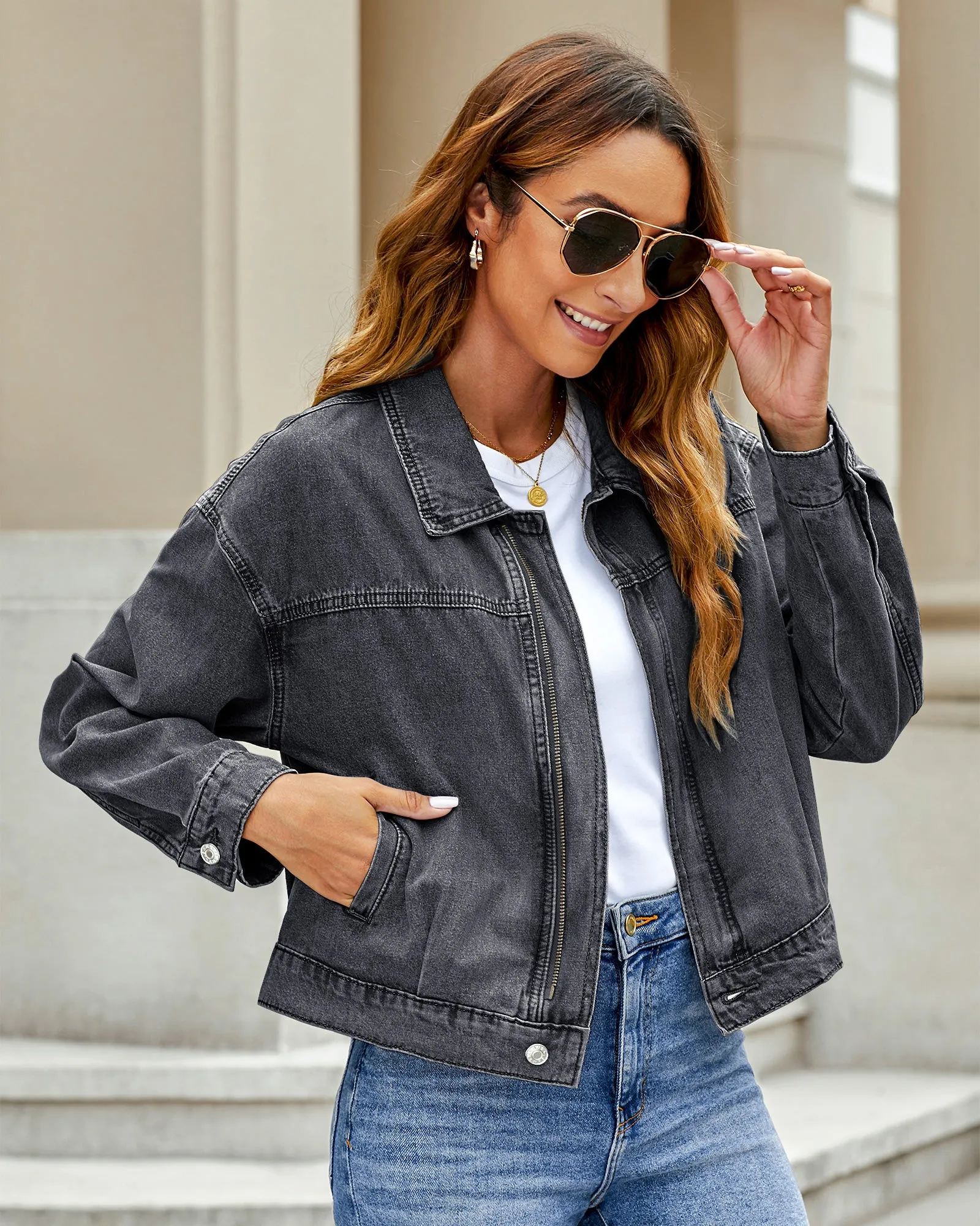 luvamia Oversized Jean Jacket Women Cropped Zip Up Denim Jackets Lightweight Trucker Shacket with Pockets Western Trendy