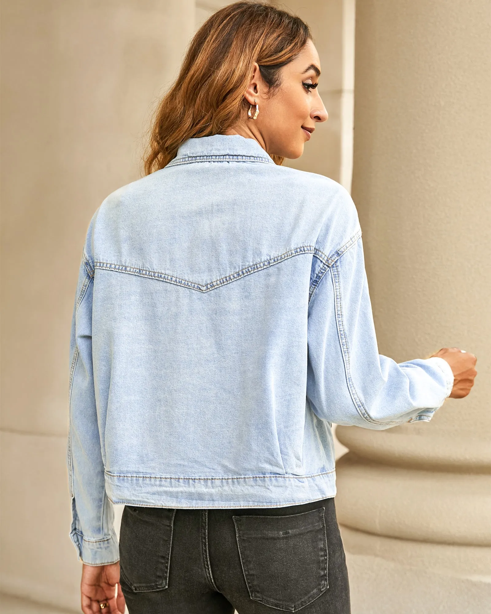 luvamia Oversized Jean Jacket Women Cropped Zip Up Denim Jackets Lightweight Trucker Shacket with Pockets Western Trendy