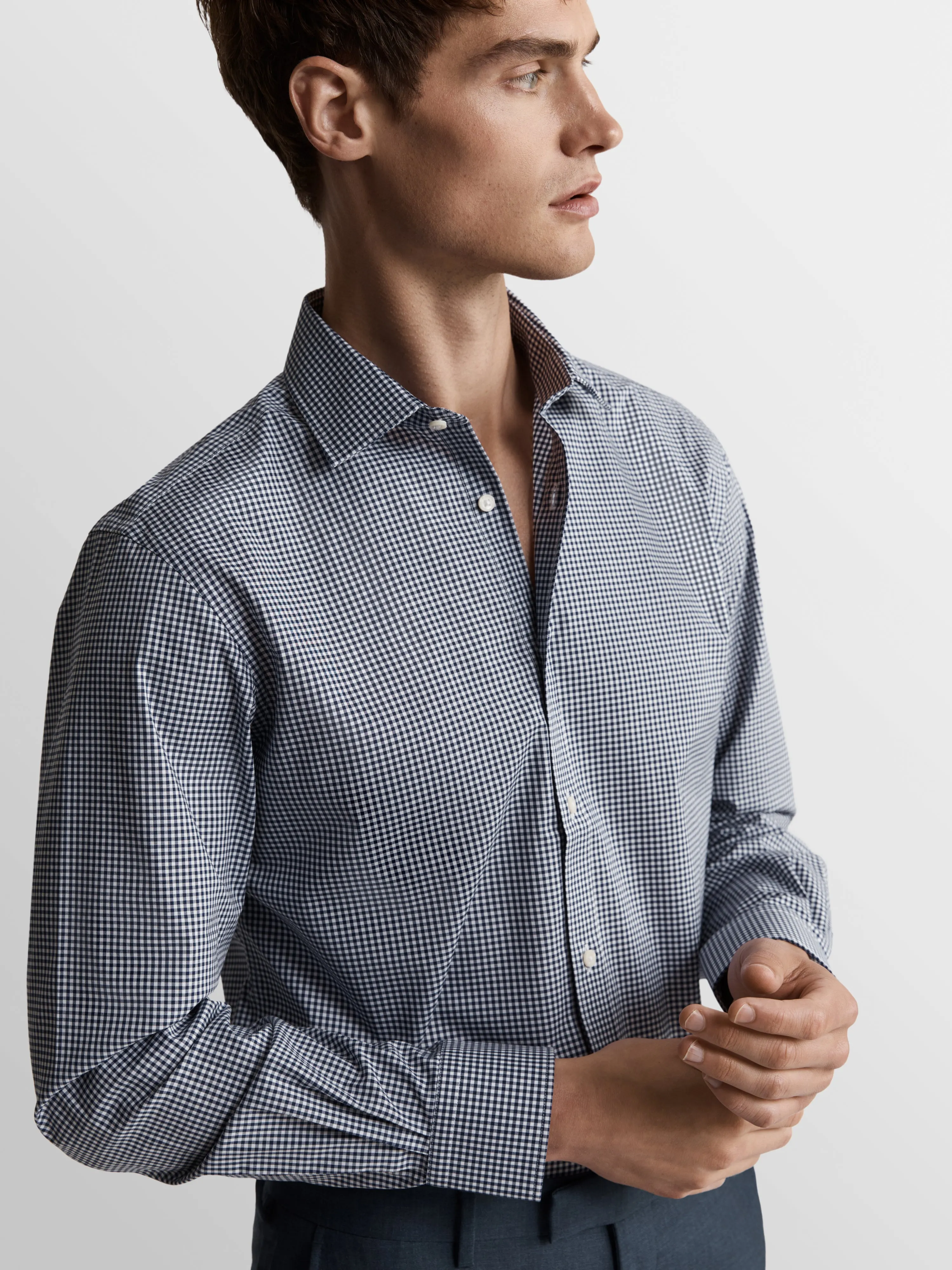 Max Performance Navy Blue Small Gingham Plain Weave Slim Fit Single Cuff Classic Collar Shirt