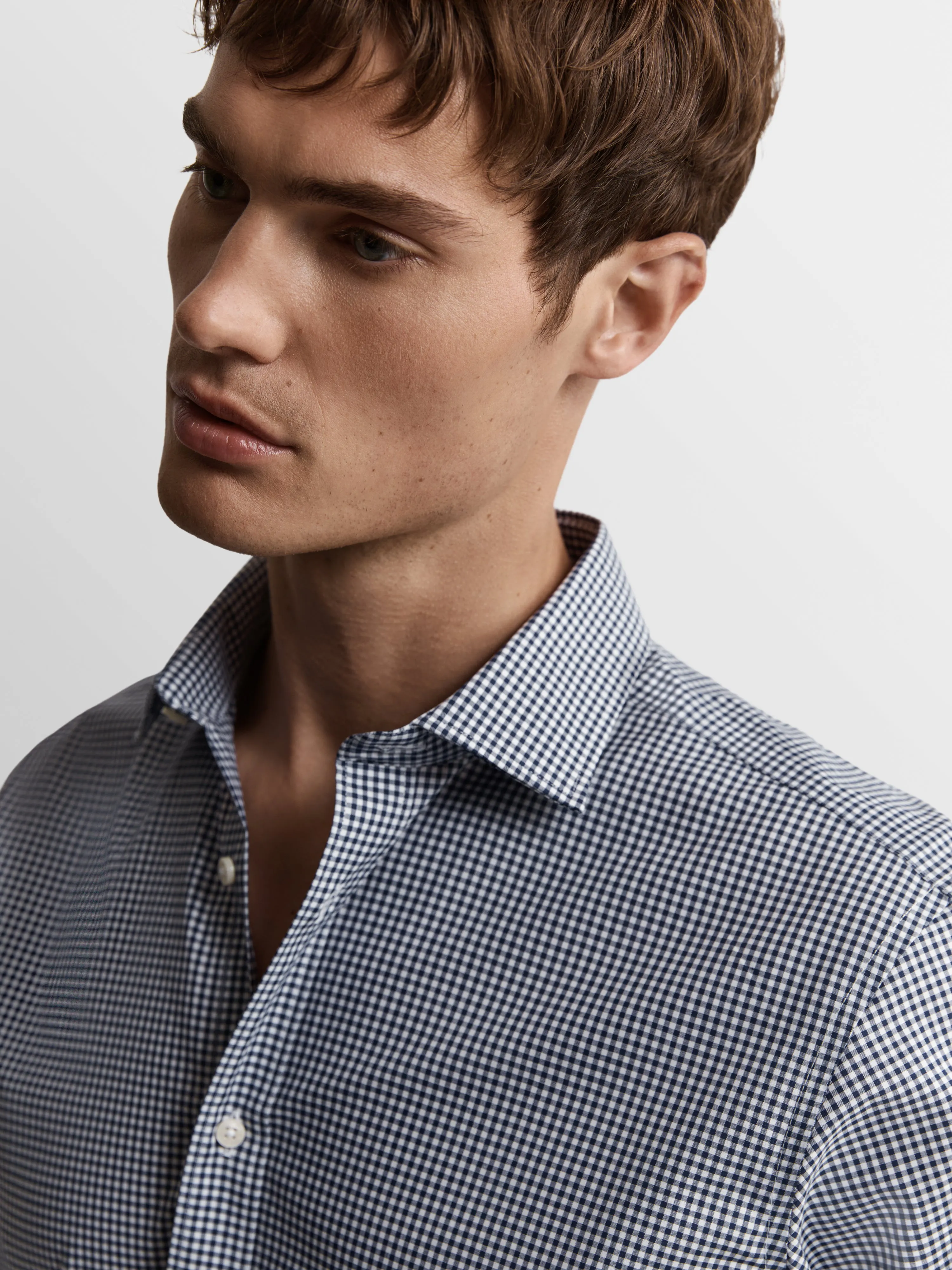 Max Performance Navy Blue Small Gingham Plain Weave Slim Fit Single Cuff Classic Collar Shirt