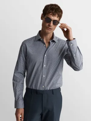 Max Performance Navy Blue Small Gingham Plain Weave Slim Fit Single Cuff Classic Collar Shirt