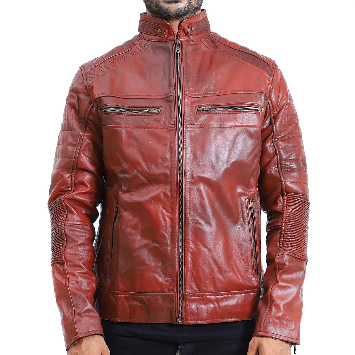 Men's Quilted Sheepskin Brown Leather Jacket