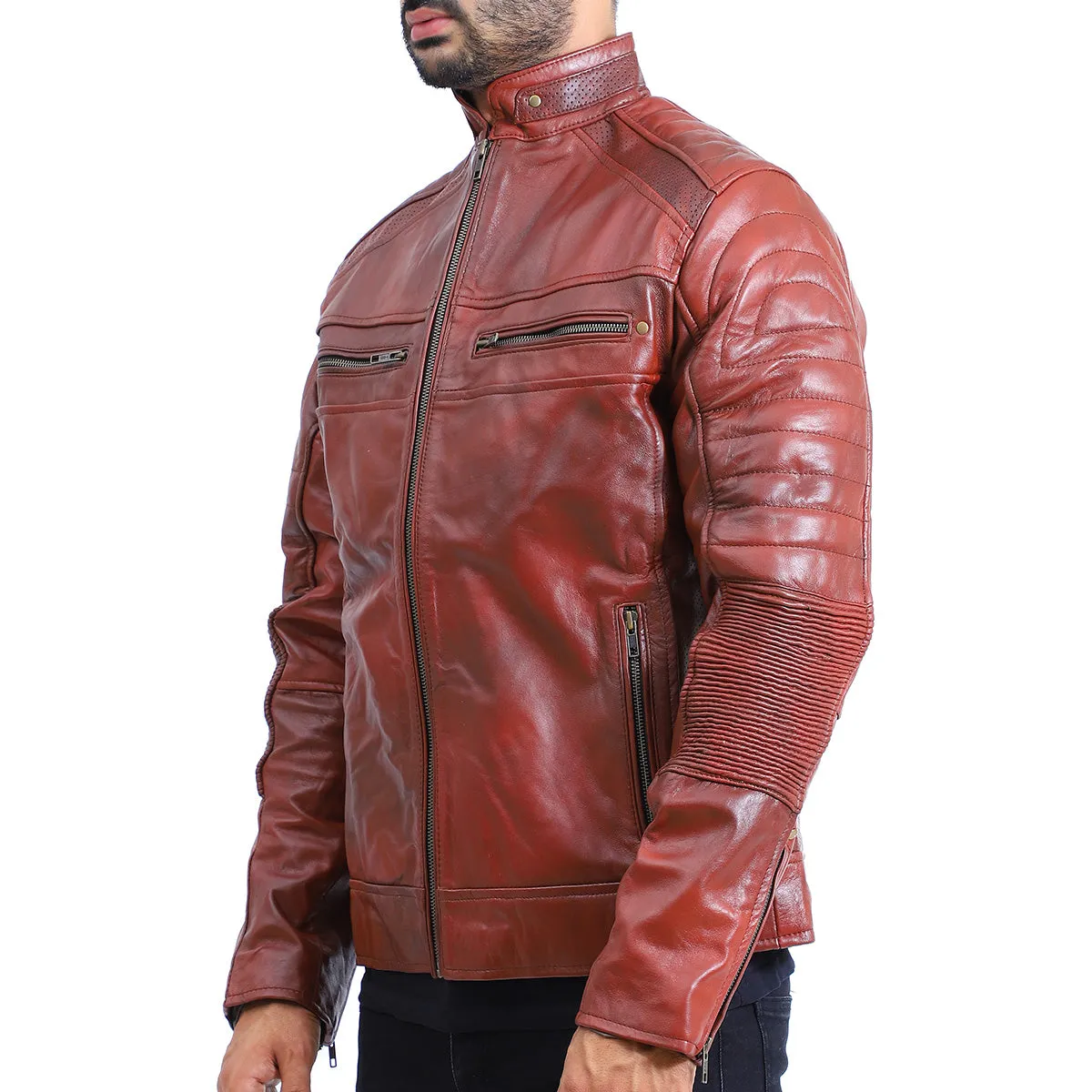 Men's Quilted Sheepskin Brown Leather Jacket