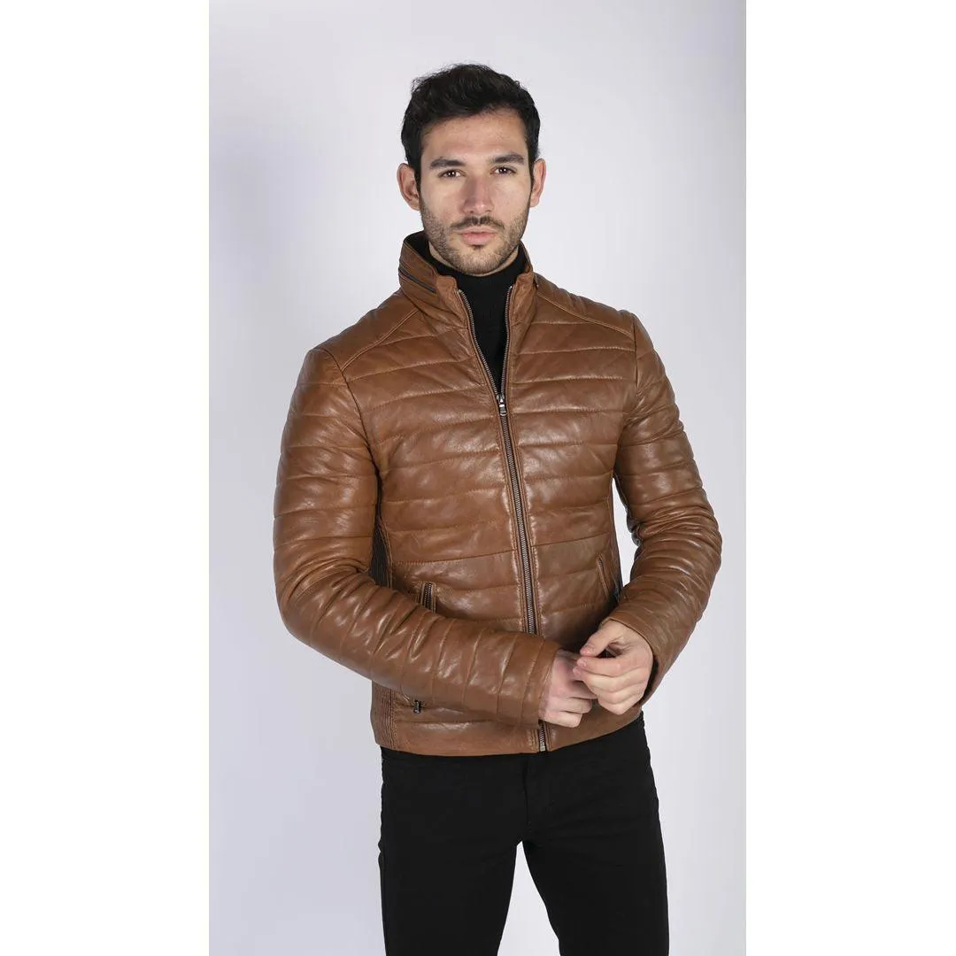 Mens Real Leather Genuine Quilted Puffer Zipped Jacket Brown Black Casual