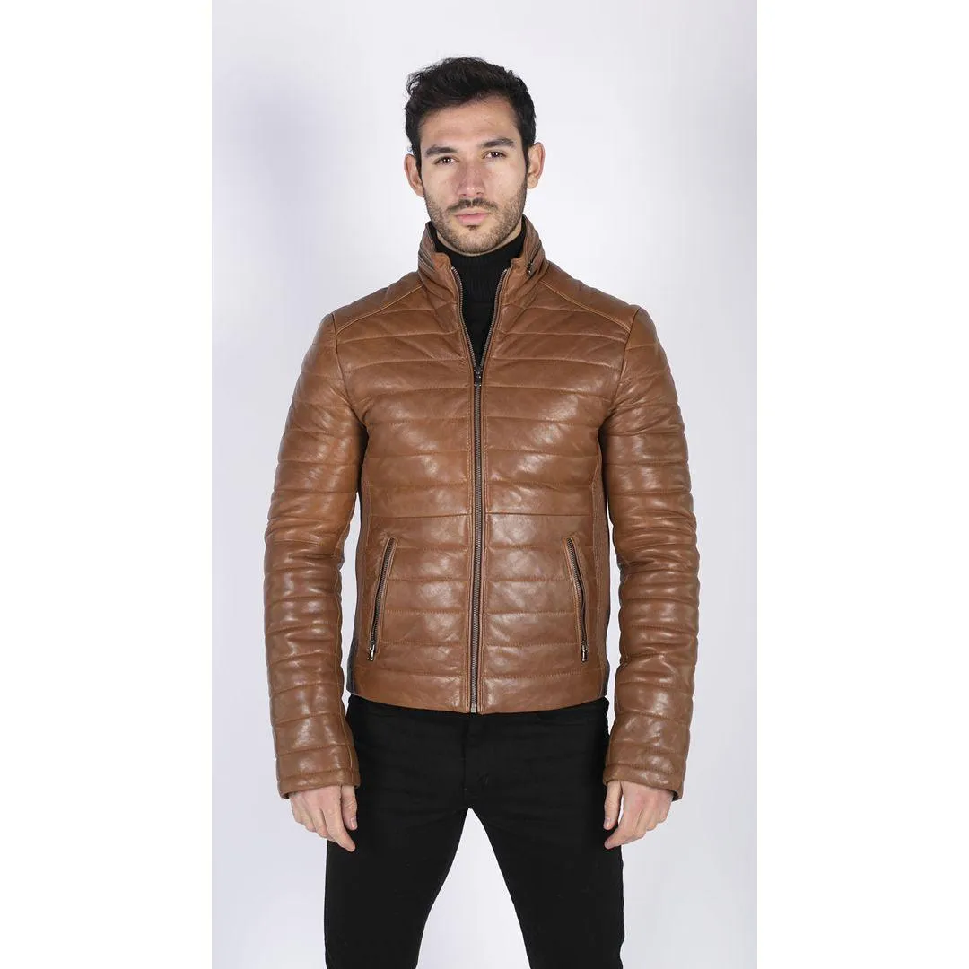 Mens Real Leather Genuine Quilted Puffer Zipped Jacket Brown Black Casual