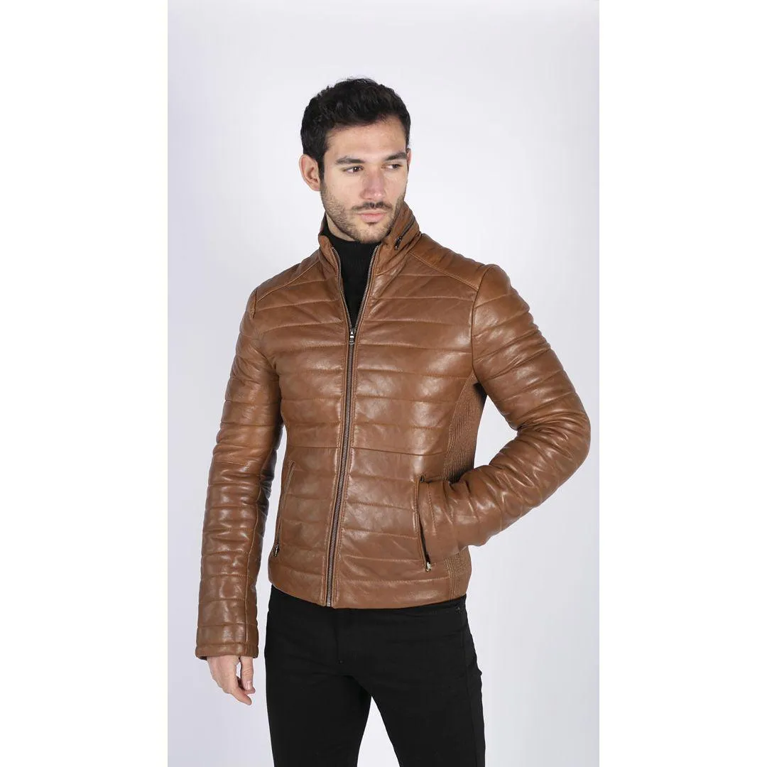 Mens Real Leather Genuine Quilted Puffer Zipped Jacket Brown Black Casual