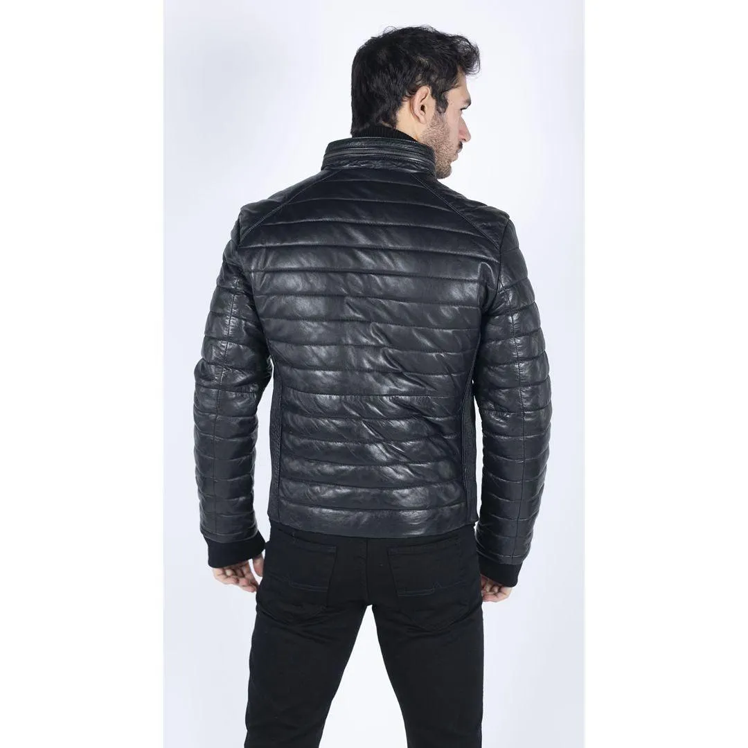 Mens Real Leather Genuine Quilted Puffer Zipped Jacket Brown Black Casual