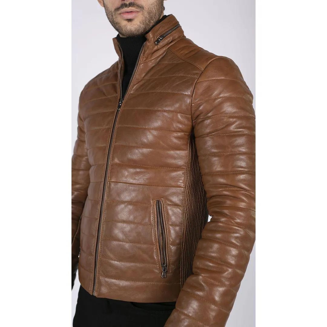 Mens Real Leather Genuine Quilted Puffer Zipped Jacket Brown Black Casual