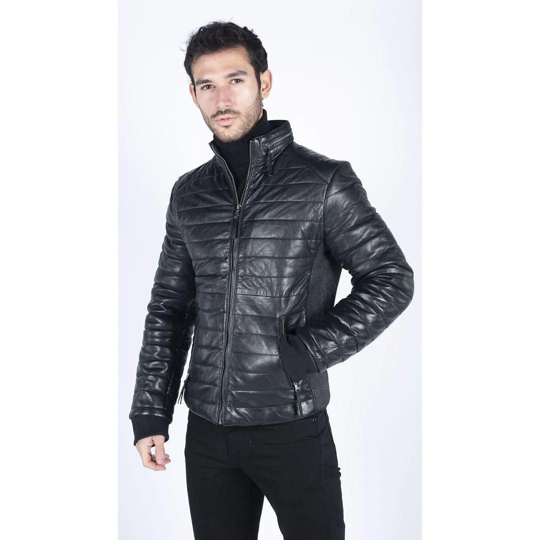 Mens Real Leather Genuine Quilted Puffer Zipped Jacket Brown Black Casual