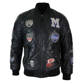 Mens Real Lether Quilted Puffer Varsity Baseball Bomber Letterman Jacket Badge