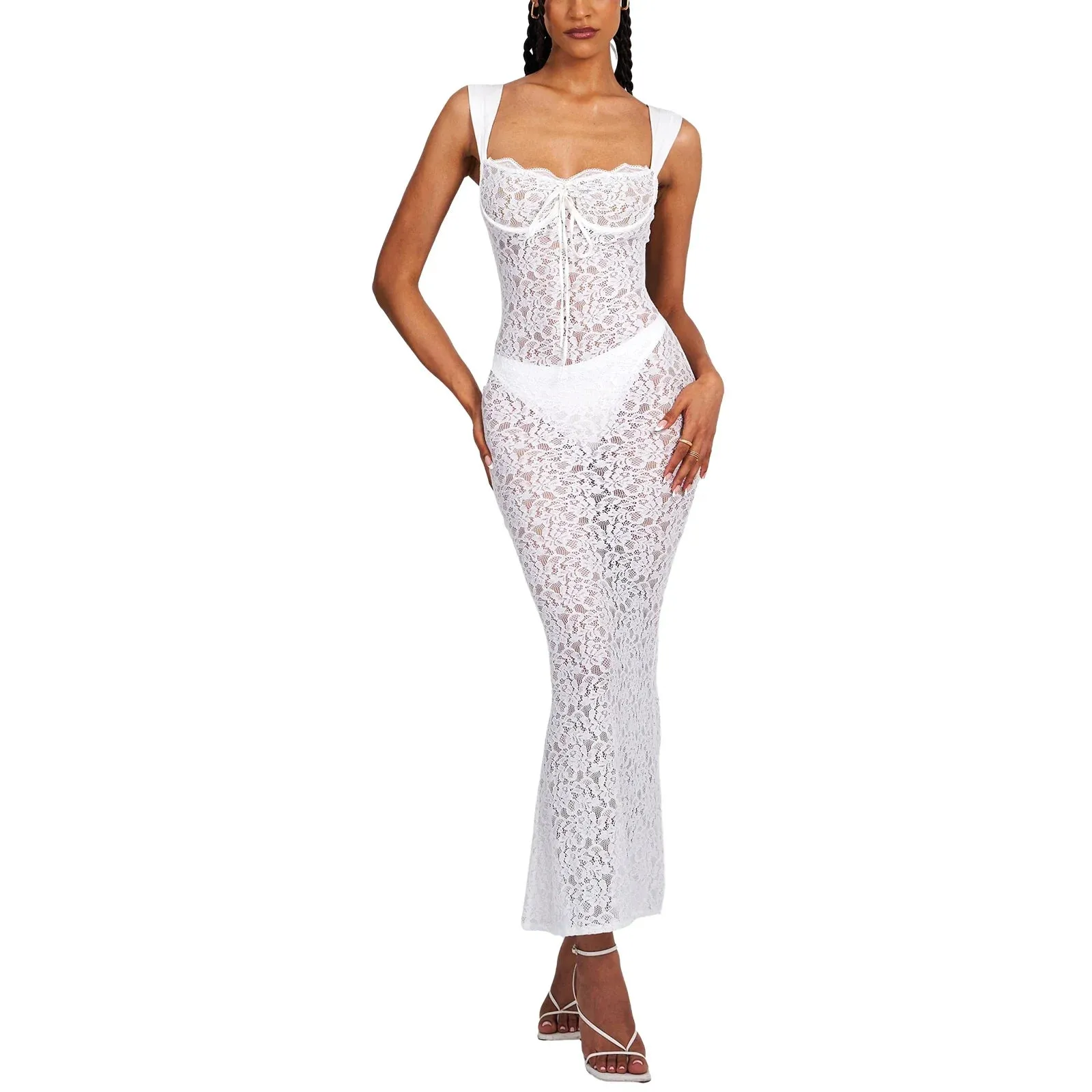 Mesh See Through Floral Lace Spaghetti Strap Backless Lace Up Long Maxi Beach Party Club Casual Sexy Dress