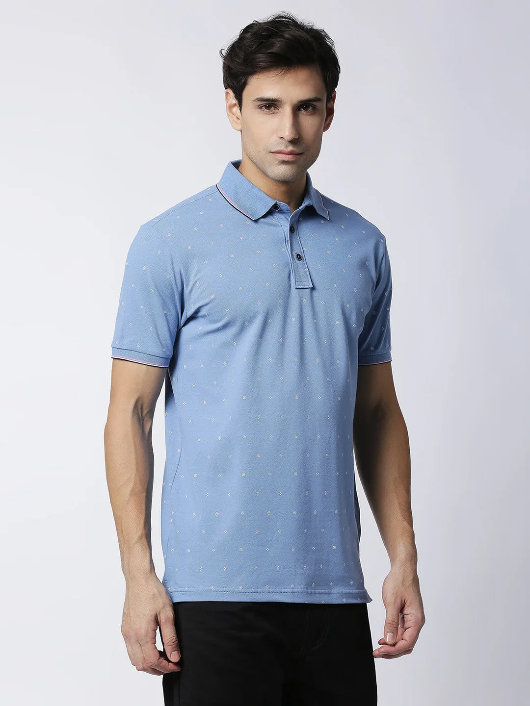 Mid Blue Printed Pique Lycra Polo T-shirt