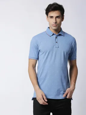 Mid Blue Printed Pique Lycra Polo T-shirt