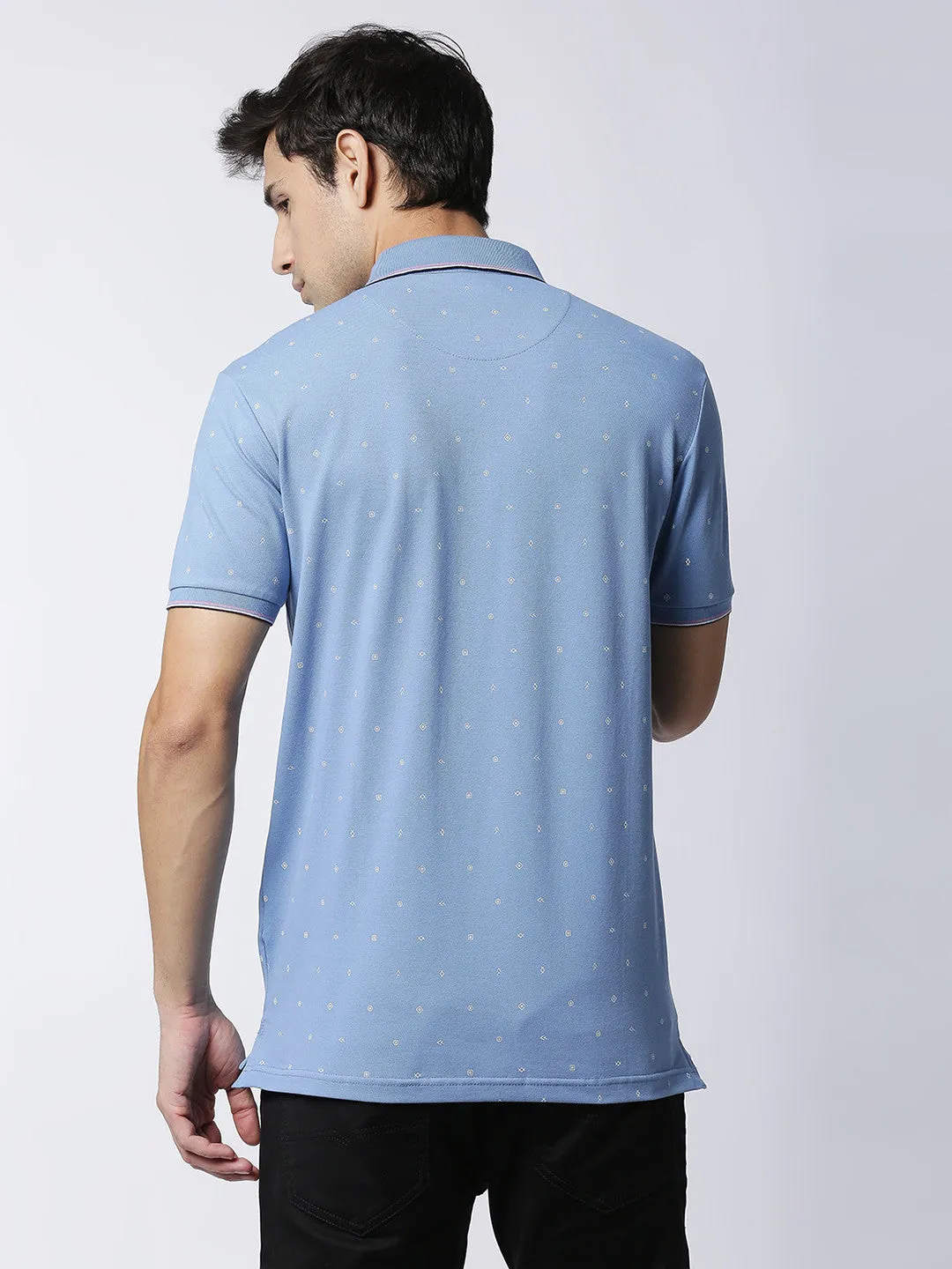 Mid Blue Printed Pique Lycra Polo T-shirt