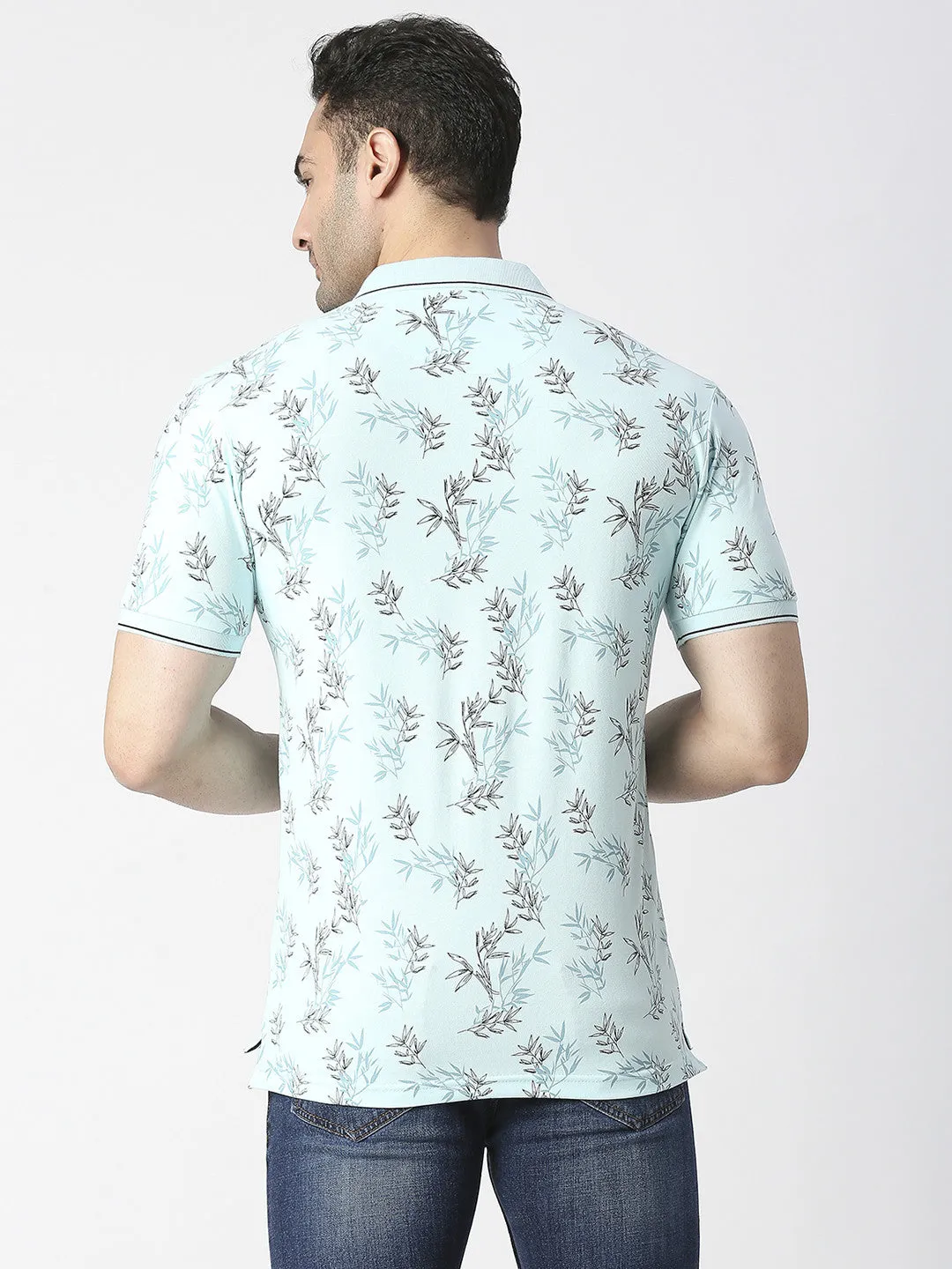 Mint Cotton Pique Lycra Printed Polo T-shirt With Tipping Collar