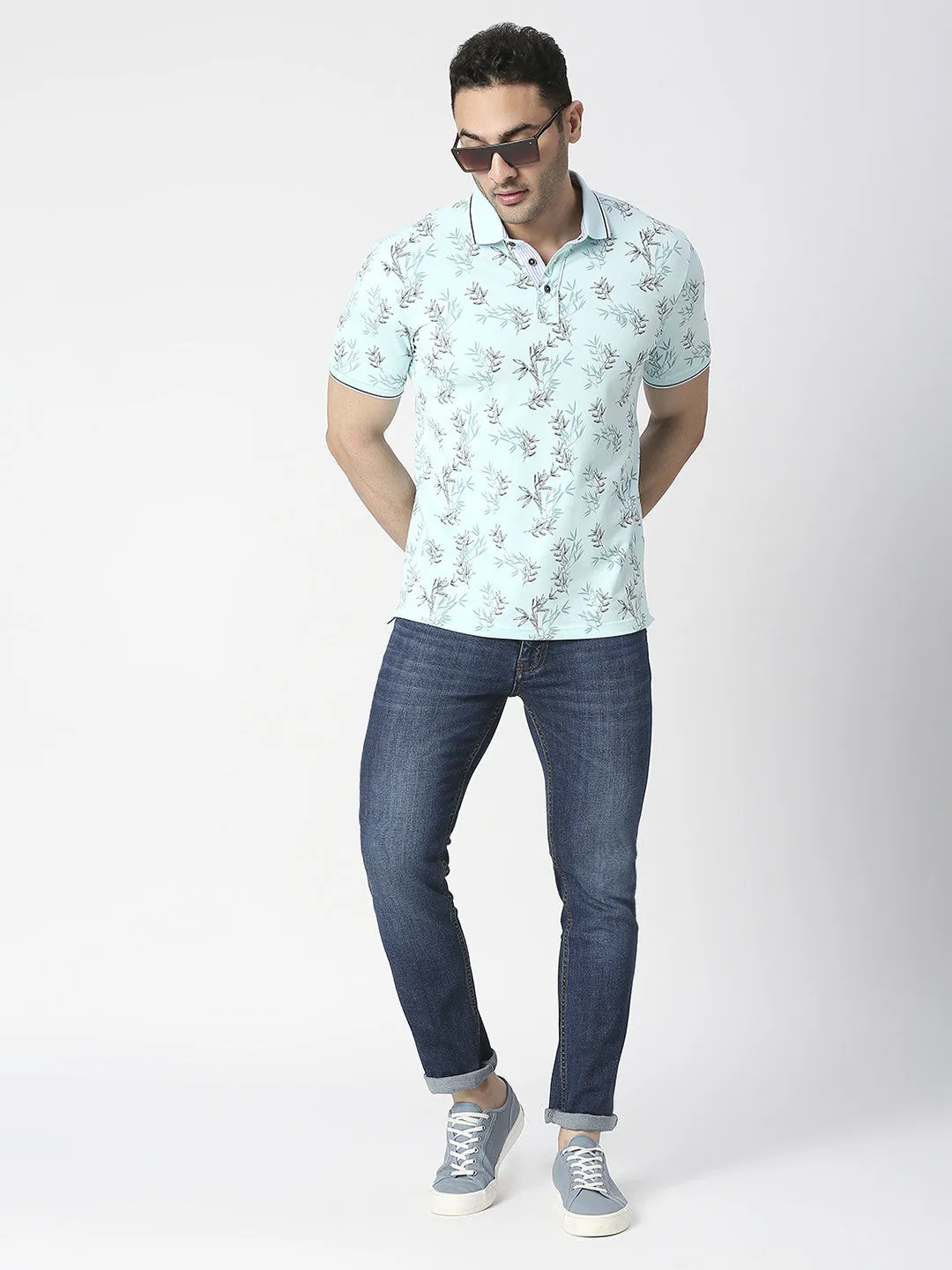 Mint Cotton Pique Lycra Printed Polo T-shirt With Tipping Collar