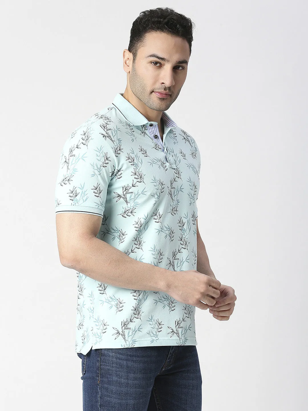 Mint Cotton Pique Lycra Printed Polo T-shirt With Tipping Collar