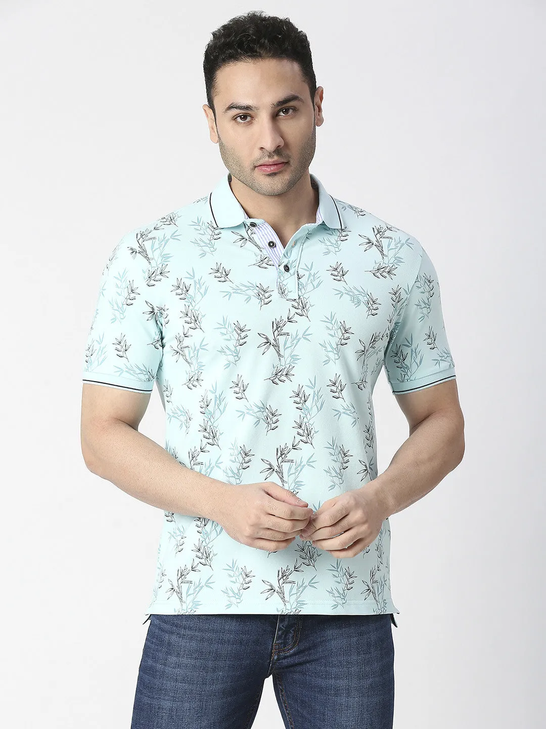 Mint Cotton Pique Lycra Printed Polo T-shirt With Tipping Collar