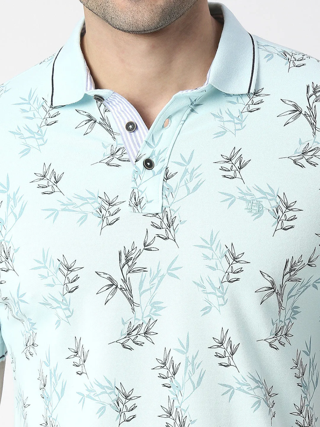 Mint Cotton Pique Lycra Printed Polo T-shirt With Tipping Collar