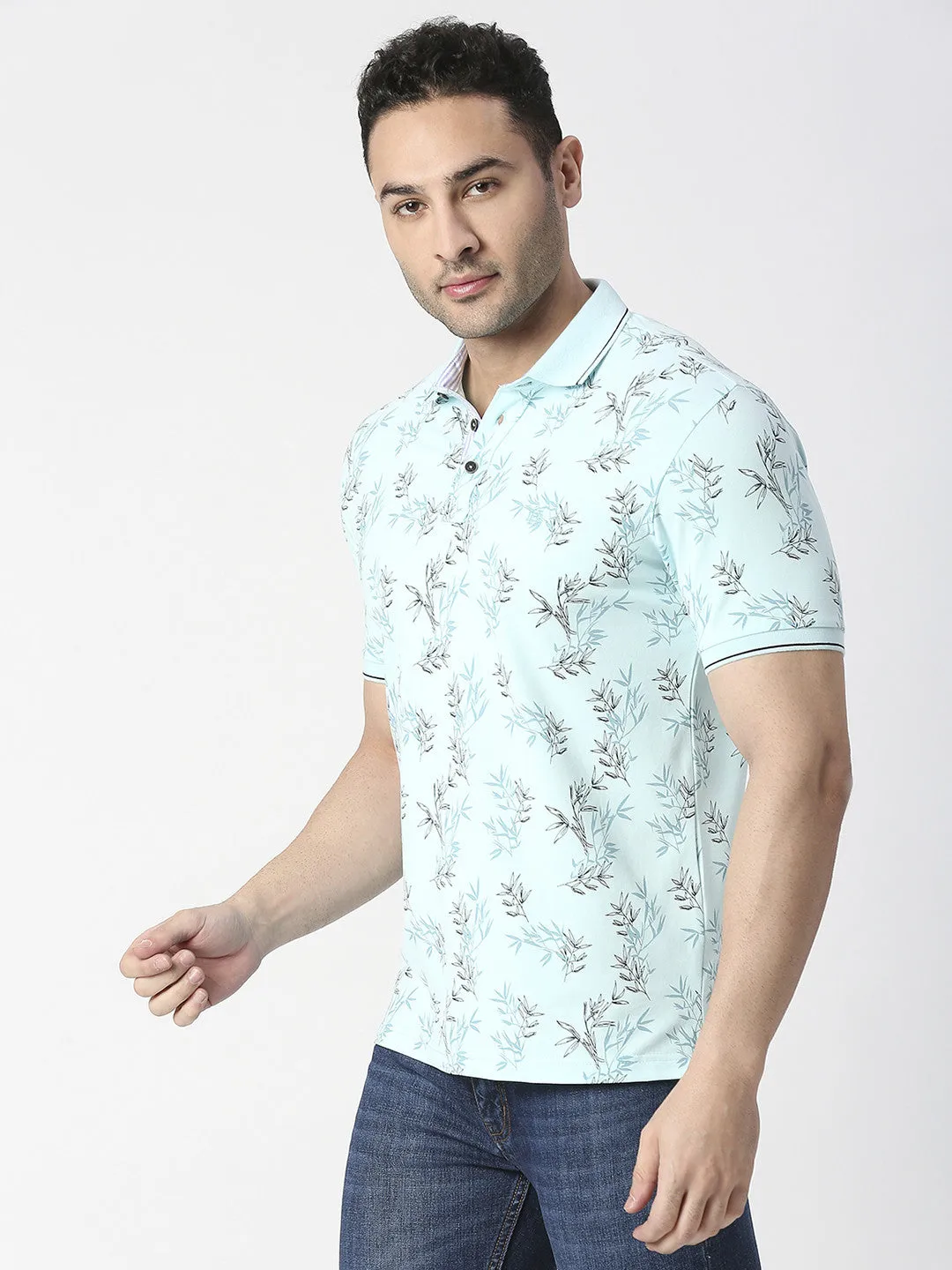 Mint Cotton Pique Lycra Printed Polo T-shirt With Tipping Collar