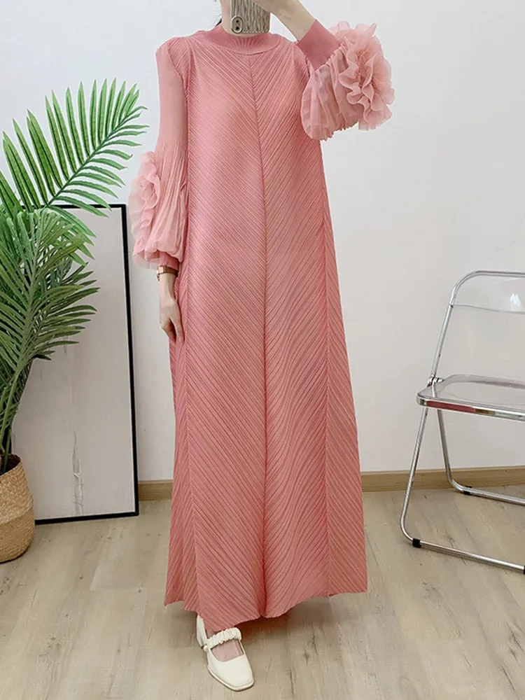 Miyake Pleated Ruffles Long Sleeve Maxi Dress