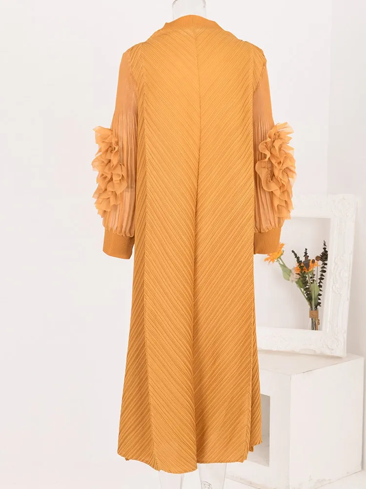 Miyake Pleated Ruffles Long Sleeve Maxi Dress