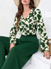 Modely Women's  Print Button Front Shirt With Gradient Wide Leg Pants Sets