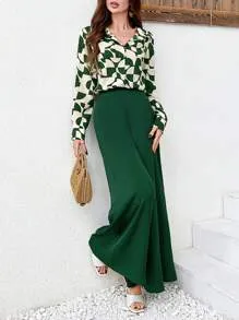 Modely Women's  Print Button Front Shirt With Gradient Wide Leg Pants Sets