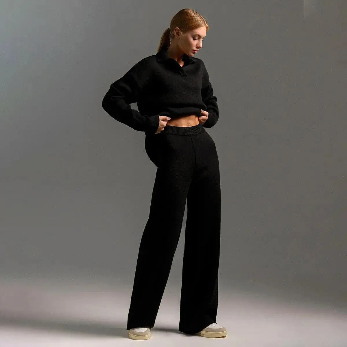 MS021 Knitted Suits Soft  Polo Neck Sweater & Wide Leg Pants 2 Pieces Sets