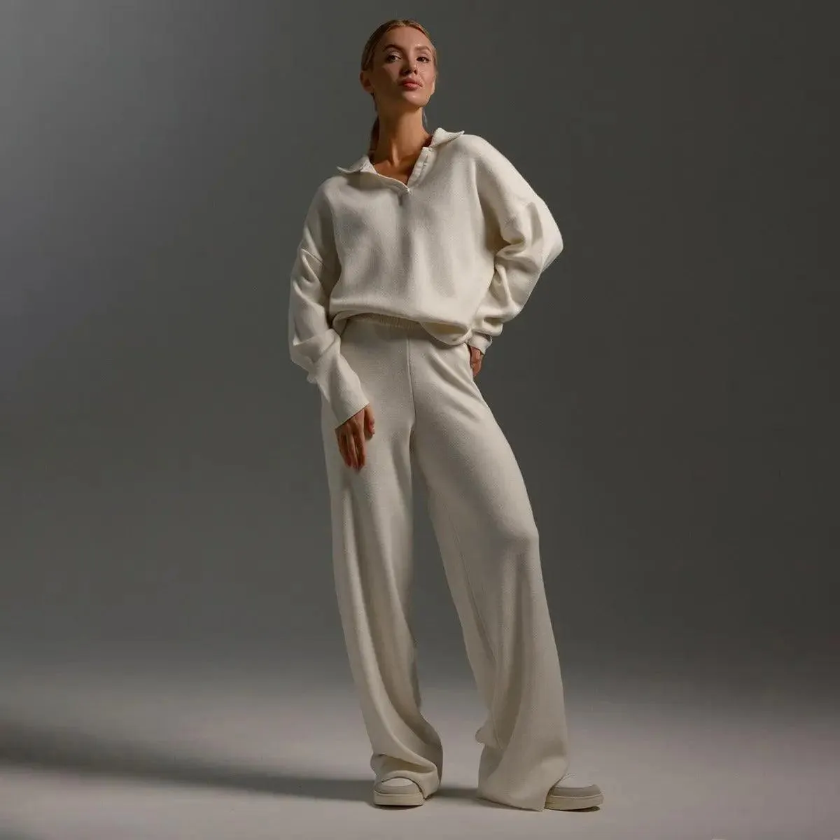 MS021 Knitted Suits Soft  Polo Neck Sweater & Wide Leg Pants 2 Pieces Sets