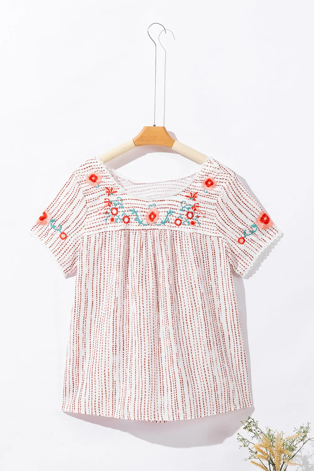 Multicolour Floral Embroidered Striped Boho Blouse