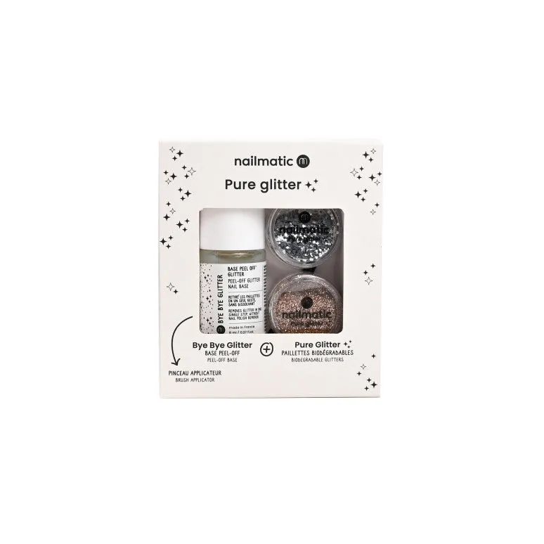 Nailmatic Set: Large Silver Glitter   Small Gold Glitter   Byebye Glitter   Applicator Brush