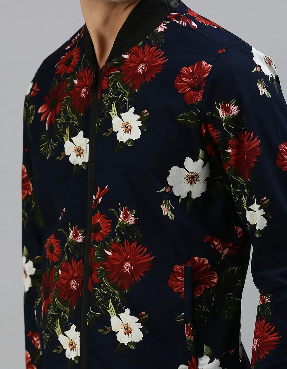 Navy Blue Floral Printed Shacket for Men