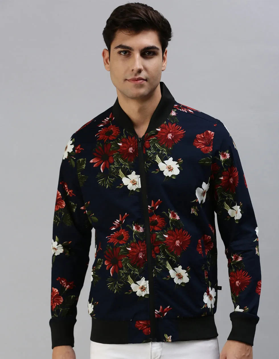 Navy Blue Floral Printed Shacket for Men