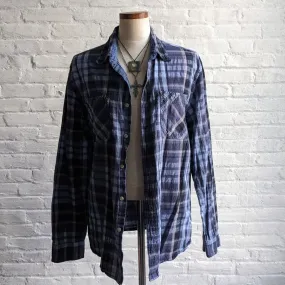 Navy Blue Plaid Linen Longsleeve Top Retro 90s Minimalist Grunge Striped Flannel