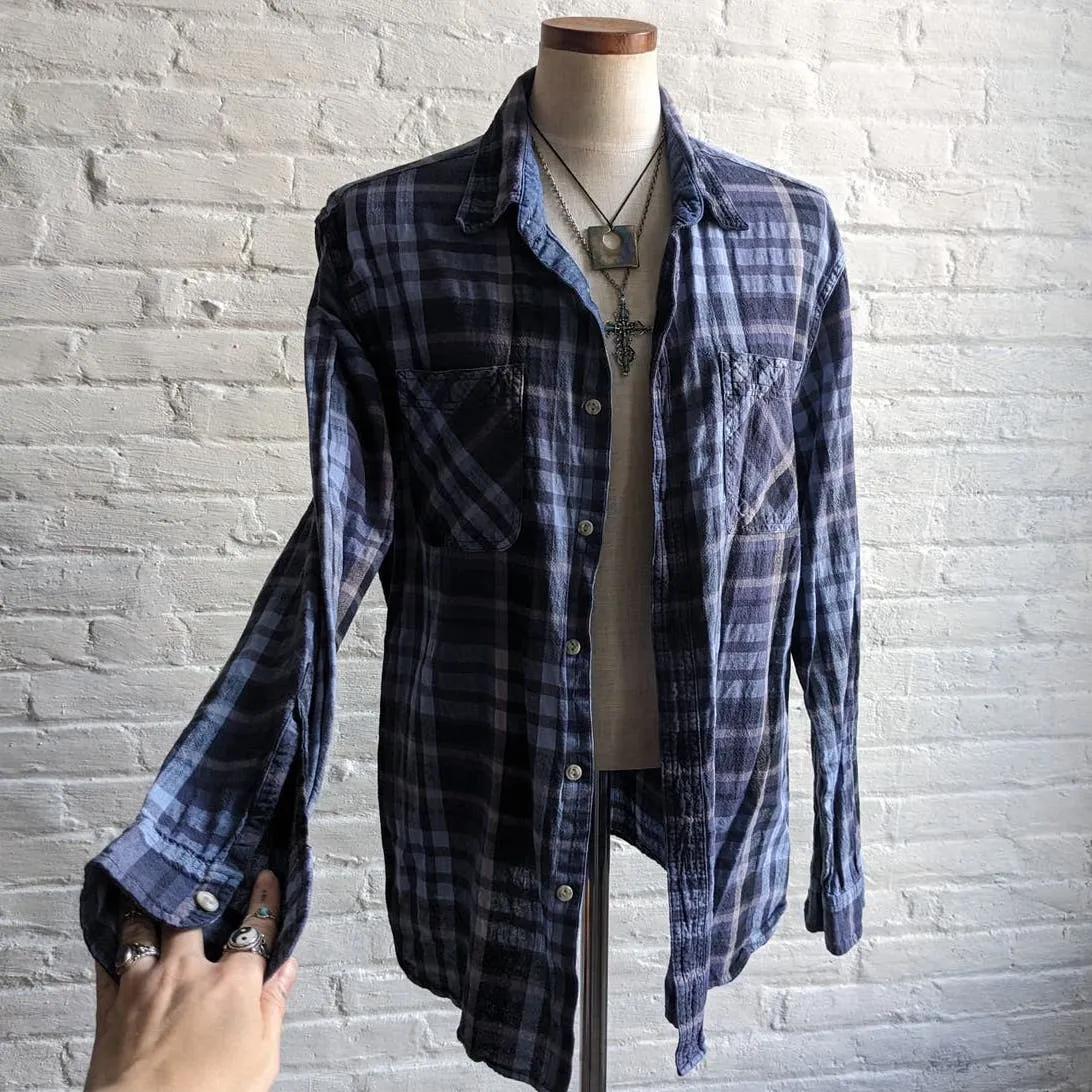 Navy Blue Plaid Linen Longsleeve Top Retro 90s Minimalist Grunge Striped Flannel