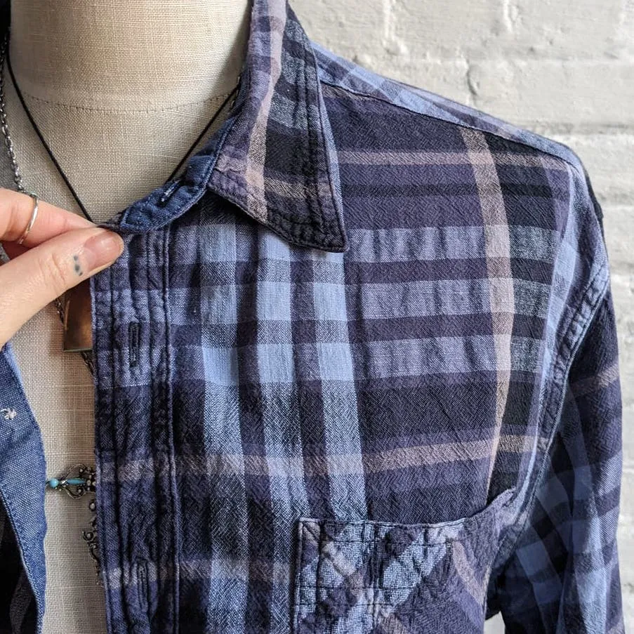 Navy Blue Plaid Linen Longsleeve Top Retro 90s Minimalist Grunge Striped Flannel