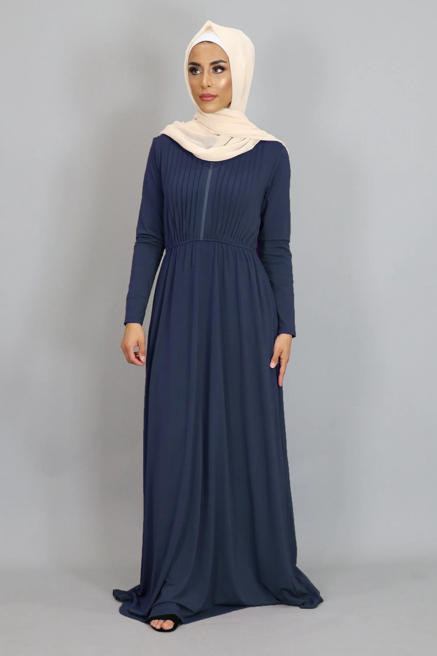 Navy Blue Pleated Spandex Maxi Dress