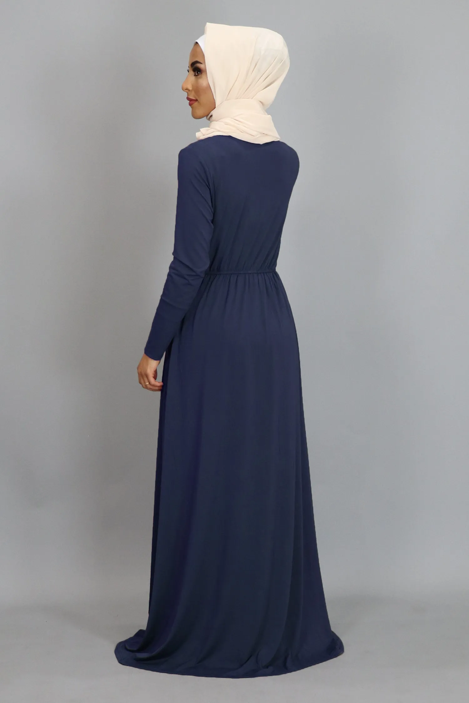 Navy Blue Pleated Spandex Maxi Dress