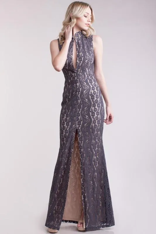 Nude Gray Maxi Lace Dress Raw Moda