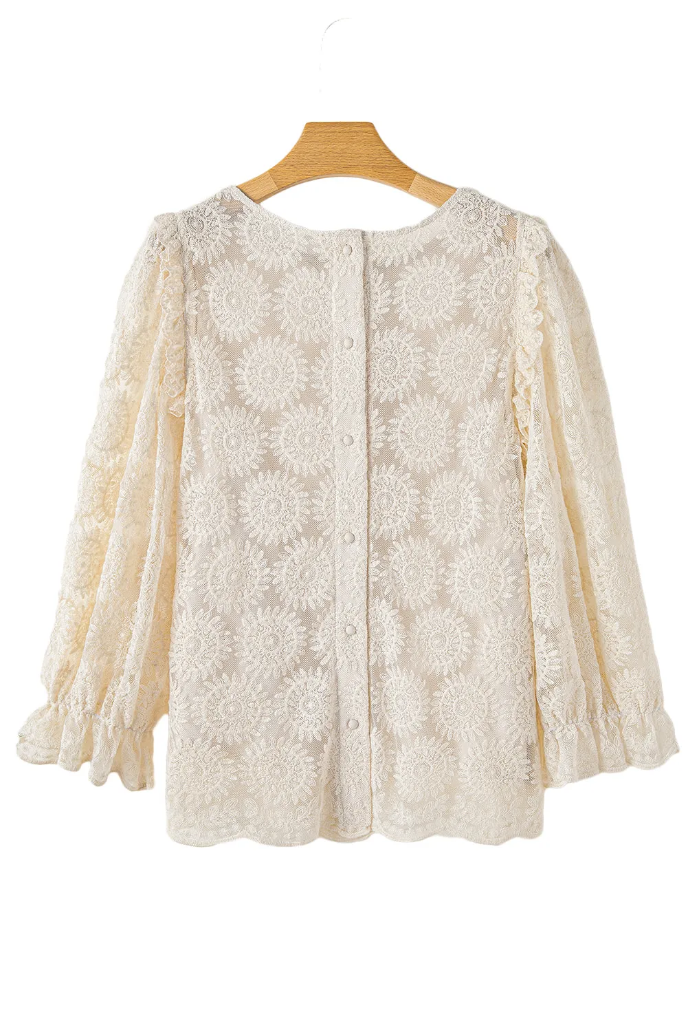 Oatmeal Flower Jacquard Button Back Ruffle 3/4 Sleeve Blouse