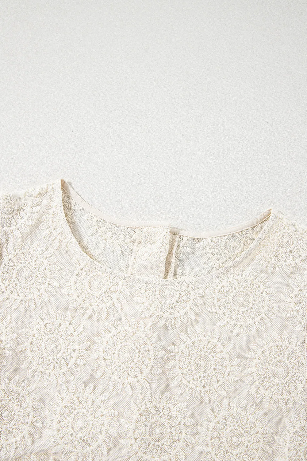 Oatmeal Flower Jacquard Button Back Ruffle 3/4 Sleeve Blouse